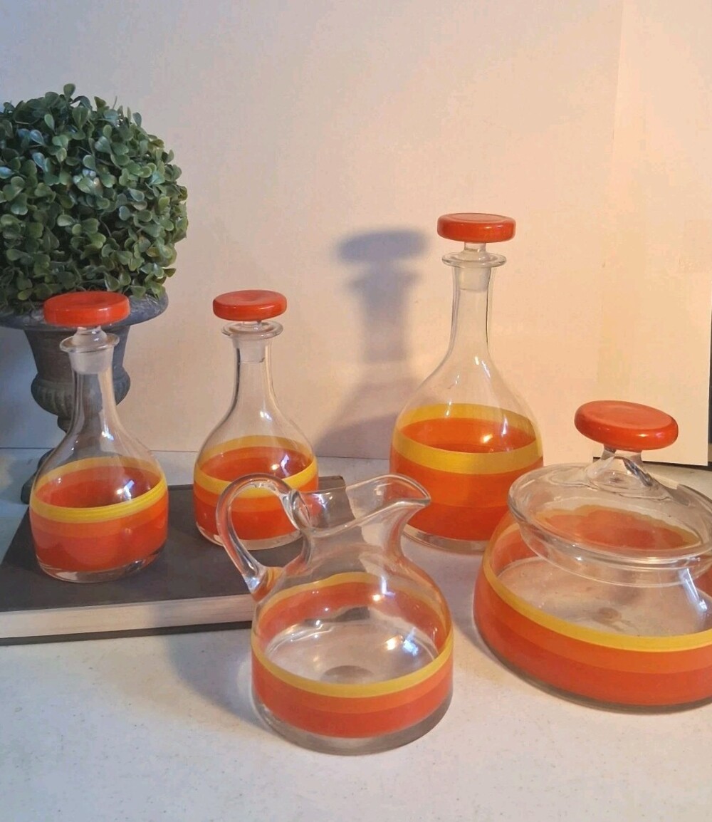 VTG Romanian Art Glass Server Set Orange Yellow Stripe Mid Century MCM 6 Pc Set!